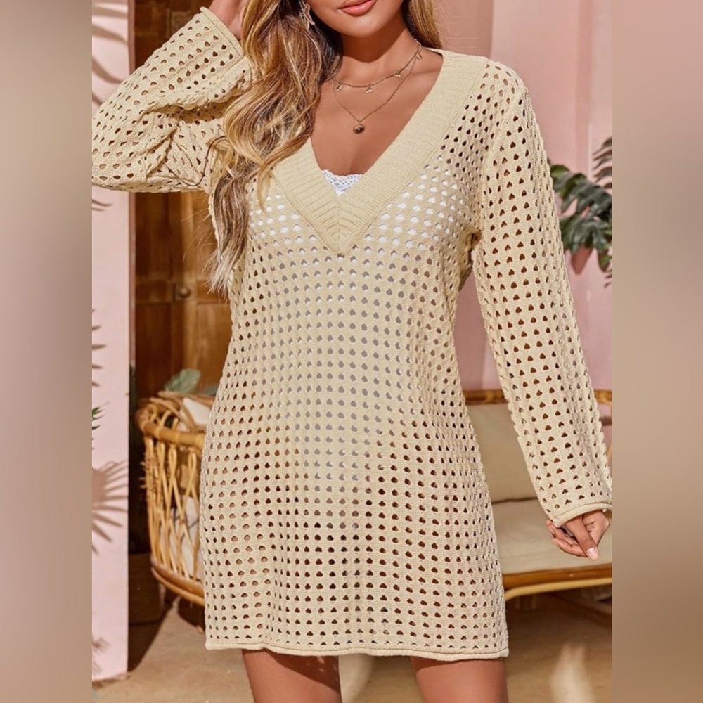 Women’s Cream Crochet Swim Coverup with V-Neck